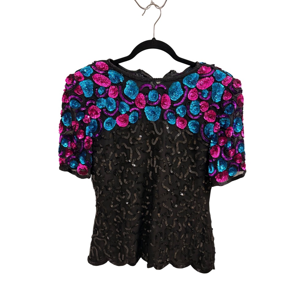 Vintage Silk Sequin Top Womens Small‎ Black Pink Blue Beaded Evening Blouse
